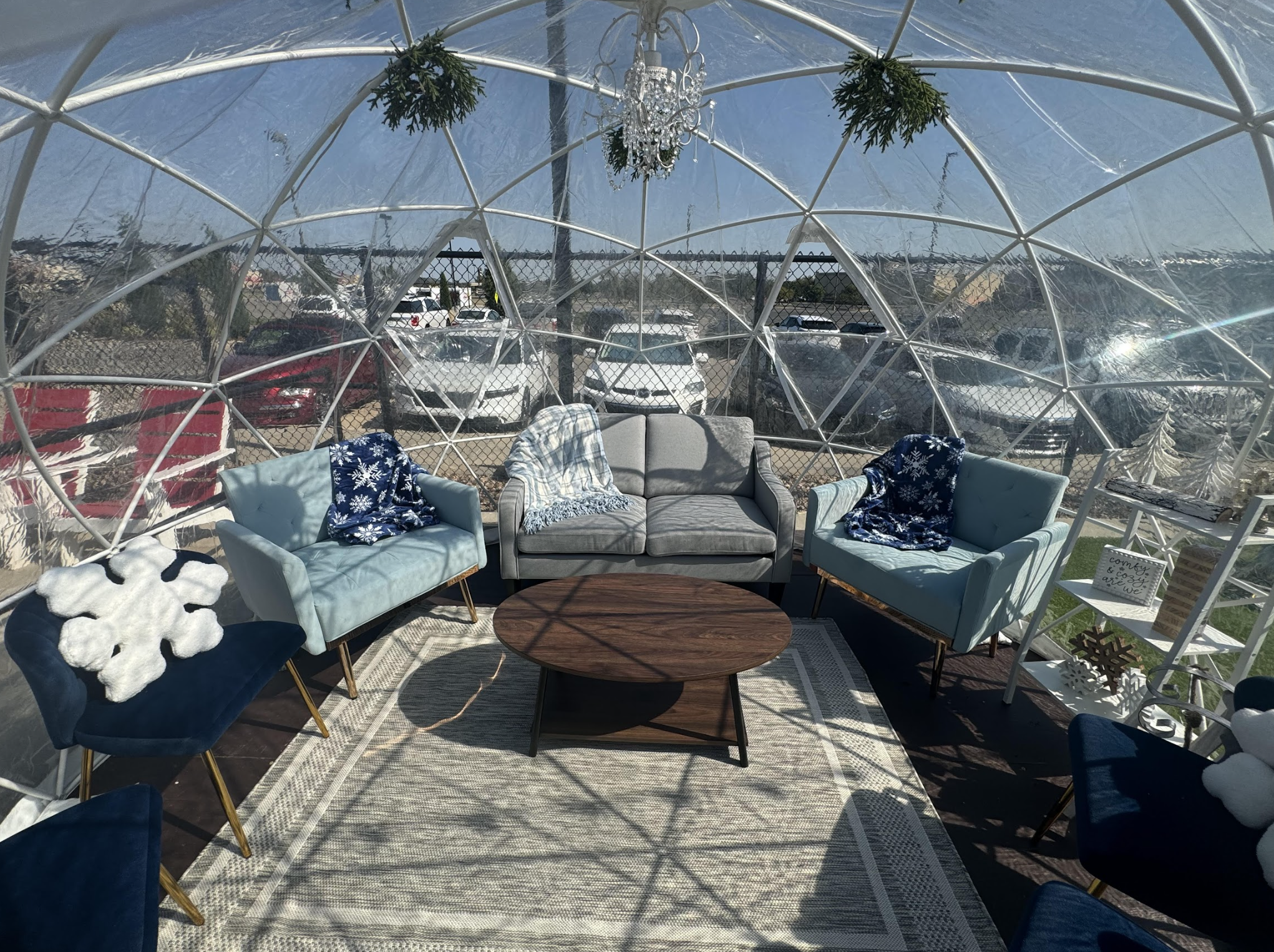 A cozy seating area inside a transparent geodesic dome with a sofa, armchairs, throw blankets, a round wooden coffee table, hanging plants, and a chandelier, with boats and blue sky visible outside.